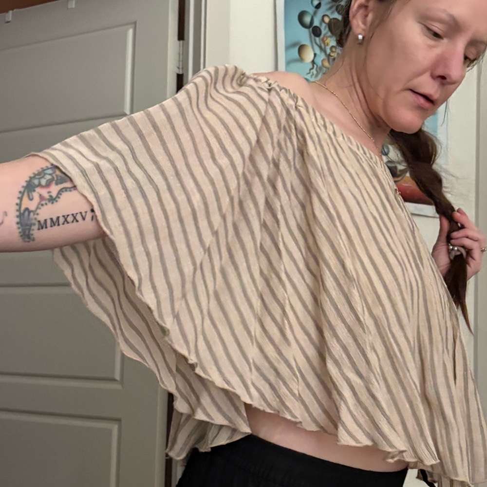 Lucky and Blessed Beige and Black Striped off the shoulder blouse with lining
